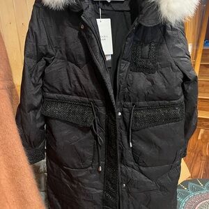 Black 90 Duck Down Quilted Coat with Fur Trim